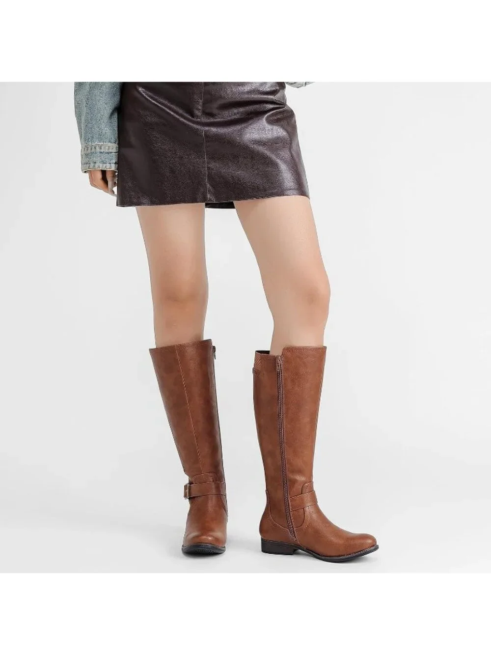 Women's Maple Brown Platform Slouchy Side Zip Comfort Round Toe Knee High Boots